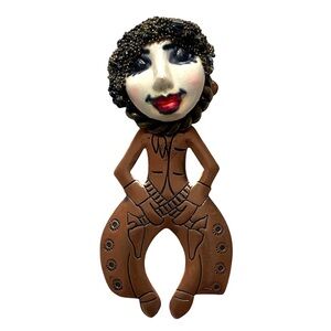 Vintage Signed Painted Lady LTD Ceramic And Copper Brooch